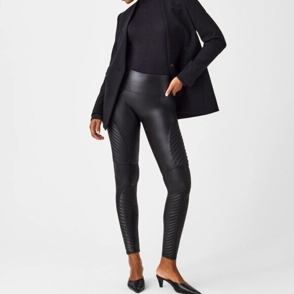 Spanx Women's Size Medium Metallic Faux Leather High Waist Black Moto Leggings - Picture 1 of 13